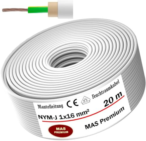 MAS Premium Feuchtraumkabel Stromkabel Mantelleitung Deutscher Marken-Elektrokabel Ring zur Verlegung über, auf, in und unter Putz, in trockenen, feuchten und nassen Räumen (NYM-J 1x16 mm², 20m)