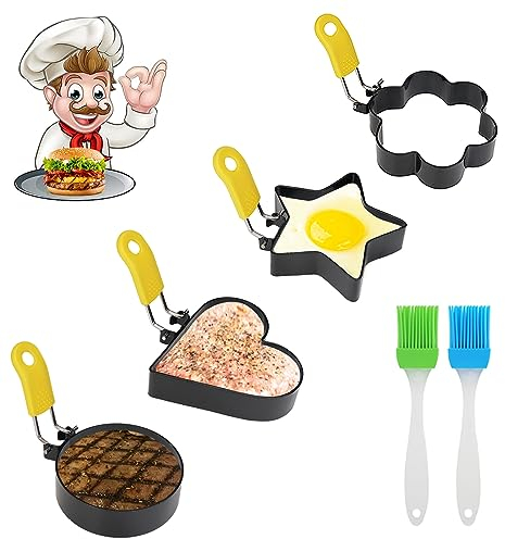 4 Stück Egg Ring, Spiegeleiformen Antihaft mit Ölpinsel, Eierringe Omelettform, Ei Ring Rund Herz Blume Stern, Eierformer Spiegelei Pfanne Form für Spiegeleier, Pfannkuchen, Sandwiches, Hackbraten