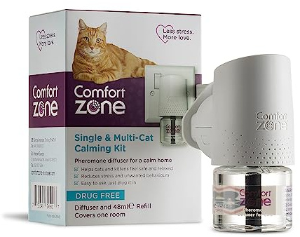 Comfort Zone Calming Pheromone Diffuser Starter Kit, for a Calm Single or Multi-Cat Home, Reduces Stress, Spraying, Scratching & Other Problematic Behaviours, 1 Diffuser & 1 Refill
