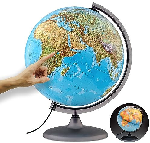 ORBIT GLOBES & MAPS - Globe lumineux - globe de 30cm avec pied stable, image de carte 2023 physique/politique avec lampe LED, image de carte française actuelle