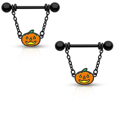 CM Crareesi Mania Baumeln Kürbis Nippel Bars 16G Brustwarzen Piercing Schmuck für Halloween Schwarze Kette Nippelring 316L Edelstahl