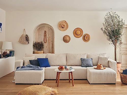 Topaze - 7-Sitzer wohnlandschaft U-Form - schlaffunktion und Bettkasten - Cord Beige