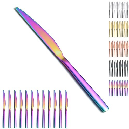 Evanda Regenbogen Tafelmesser Set 12 Stück, Titanbeschichtung Regenbogen Edelstahl Abendessen messer Steakmesser, Besteck Buttermesser Messer Set Silberbesteck Set, spülmaschinenfest
