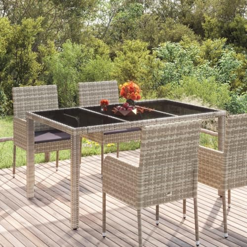 prissent 150x90x75 cm Gartentisch mit Glasplatte Poly Rattan Grau Balkontisch Polyrattan Tisch Esstisch Outdoor-Tisch Garten Beistelltisch Loungetisch Outdoor für Garten Terrasse Eleganter Stil