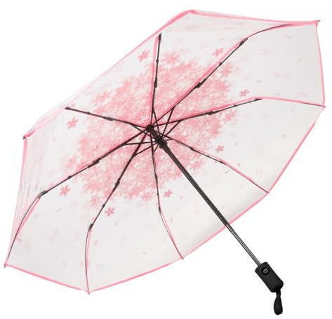 VALICLUD Transparenter Kirschblüten Regenschirm kompakter Metall Falt Schirm mit Komfortablem Griff mit Drei Falten Modisch für Outdoor Aktivitäten