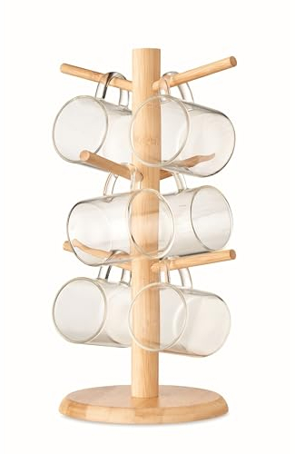 noTrash2003 Tazza in legno con 6 tazze, tazza da tè, tazza in vetro borosilicato da 200 ml, supporto per tè, caffè, vin brulé, cioccolato caldo