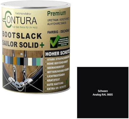 Contura Bootslack Farbig SEIDENMATT Yacht- Buntlack Metall Holz GFK Holzlack Boot Farblos (Schwarz - RAL 9005 Analog, 500ml.)