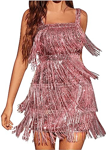 YAOJIWANG Vestido De Flecos Rosa Fiesta Vestidos Brillantes Cortos Vestido de Lentejuelas para Mujer, Mujeres 1920s Vestido con Lentejuelas Embellecido Borlas Dobladillo Vestido de Coctail Flapper