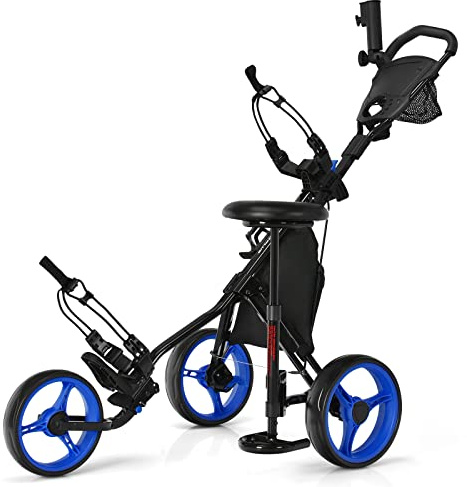 COSTWAY Carro de Golf con 3 Ruedas y Plegable, Carrito de Golf a Empujar con 4 Posiciones Regulables en Altura, Porta Paraguas Regulable y Asiento, Bolsa, Porta Bebidas, Freno de Pedal (Azul)