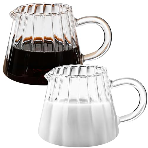Loscarol 2 Pcs Small Glass Pitcher, Elegant Wave Shaped Glass Creamer Pitcher, Coffee Milk Creamer Pitcher, Serving Milk Frothing Pitcher, Glass Tea Pitcher, Milk Frother Cup Creamer Jug for Kitchen