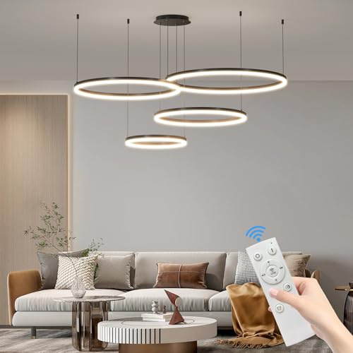 Mikeru Moderne LED Pendelleuchte, Wohnzimmer Kronleuchter Φ40+60+80+100cm 4 Ring Runde Decken-Hängelampe, 135 Watt Moderne LED Indoor Große Kronleuchter mit Memory 10%-100% Dimmbar Pendelleuchte