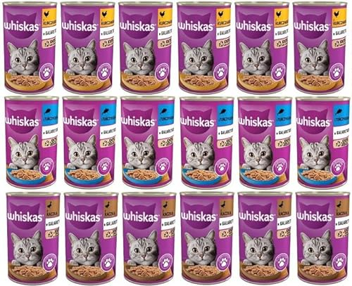 Whiskas Katzenfutter Adult 1+ Geschmacksmischung in Gelee mit Thunfisch, Huhn und Ente 18 Dosen (18 x 400g)