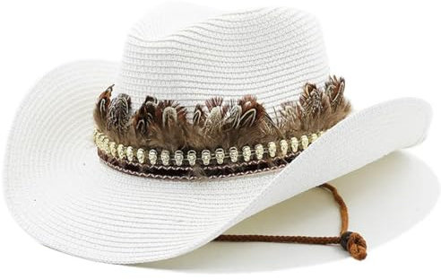 Westernhut aus Stroh, Cowboyhut für Damen und Herren, Sommer, gewellte Krempe, Strand, Sonnenhut, Panama, Cowgirl, Jazz, weiß, 6 7/8/7 1/8