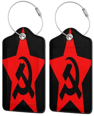 Martillo Comunista Hoz y Bandera de Estrella Martillo Comunista Hoz y Bandera de Estrella 2 Piezas Etiqueta de Equipaje de Cuero Linda, con Bucle de Acero Inoxidable y Tarjeta de Dirección para Mujere