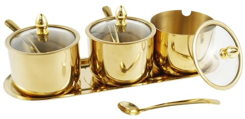 KTCINA Gewürzgläser mit Deckel und Löffel 3 Fächern Glasabdeckung Gewürzdosen Set mit Gewürzboard Edelstahl Mehl Zucker Salz Aufbewahrung Gold Edelstahldosen Auslaufsicher für Küche und Esstisch