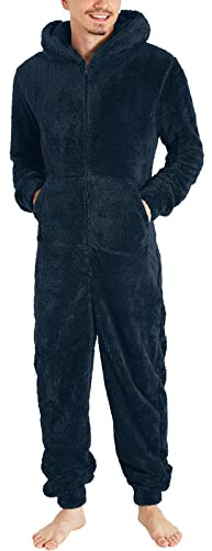 YOSUWOAI Jumpsuit Herren Damen Kuschelig Doppelseitiger Samt Schlafanzug Plüsch Lang Pyjama Winter Warm Overall Schlafoverall mit Reißverschluss und Taschen Teddy Fleece Einteiler Onesie