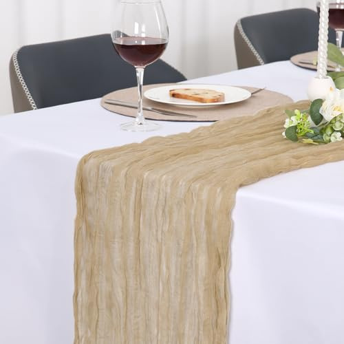 Jumdast käsetuch Tischläufer Boho, Tischläufer Modern Abwaschbar Hochzeit Outdoor Garten Wetterfest Musselin Chiffon Stoff Hochzeitsdeko Taufe Deko Tischdeko (Beige, 90 x 300 cm)