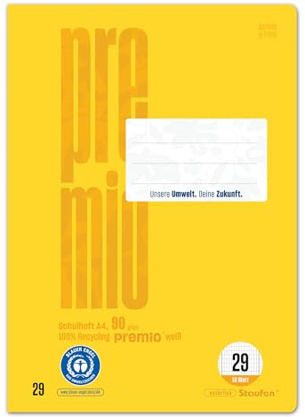 Staufen premio skolhäfte – 5 häften vardera, 16 ark, DIN A4, linjerat 29 (5 x 9 mm rutat med RL), 90 g/m² återvunnet papper