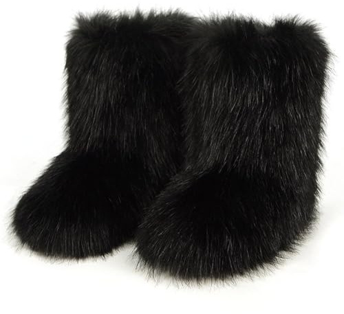 Vobumix Botas De Nieve De Mapache, Botas De Piel Sintética, Botas Mullidas a Media Pantorrilla, Zapatos Planos para Exteriores para Hombres Y Mujeres, Suministros De Viento a Prueba De Invierno
