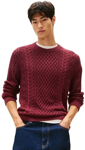 Tommy Jeans Jersey Hombre Cable Knit Sweater con Punto Trenzado, Rojo (Red Wine Tonal), XXL