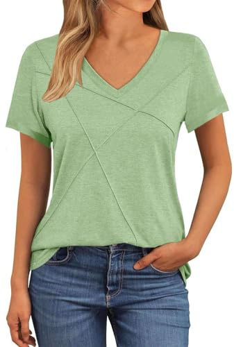 NAIOSS Camiseta de manga corta para mujer, cuello de pico, camiseta de verano, elegante, de algodón, camiseta informal