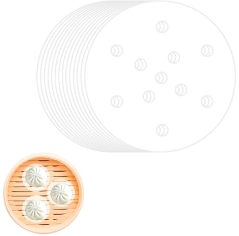 Ptwola 400 Pcs Dumpling Steamer Paper With Holes Small Bamboo Steamer Liners Rounds 4 Inch Non Stick Perforated Mini Steam Paper for Steamed Buns Air Fryer Cake Baking Steaming Basket