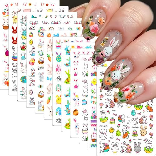 Auiremrti Nagelsticker Set 12 Bögen, Osterhase Nagel Sticker Für Kinder Und Erwachsene,Selbstklebende 3D Oster Nagelsticker, Nail Stickers Für Kreative Nagelkunst