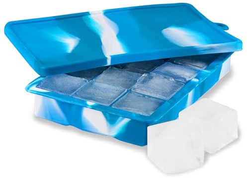 Host Ice Cube Tray with Lid, Makes 15 1.25 Cubes, Durable Silicone Trays, Perfect for Cocktails, Beverages, Mocktails, Iced Coffee, Tea, Infused Water, Kitchen Essentials, Set of 1, Blue Marble