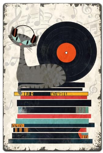 SUPERDANT Cat Records Tin Sign Music Record Retro Metal Poster Funny Music Cat Vintage Wall Plaques for Home Living Room Bedroom Cafe Bar Vintage Decoration