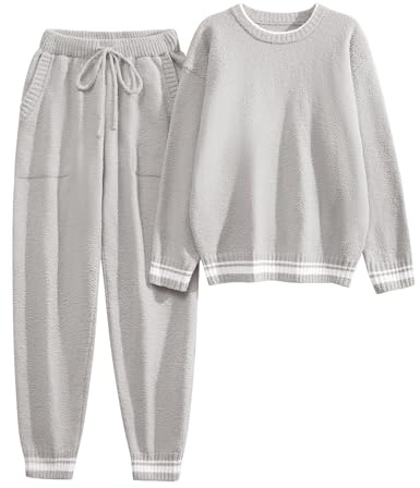 Yuson Girl Women's Fleece Pyjama Set Soft Fluffy 2 Piece Pajamas Long Sleeve Thermal Sleepwear PJ Set Cosy Winter Co Ord Loungewear with Pockets(Grey, M)