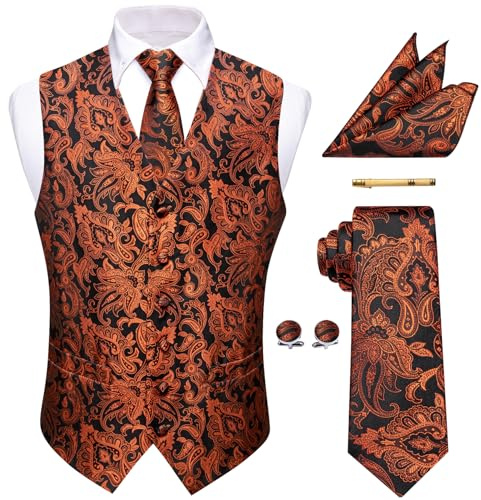 YourTies Weste für Herren aus Seide, Jacquard, Blumen-Paisley-Muster, Weste, Krawatte, Einstecktuch, Manschettenknöpfe, Krawattenklammer, Hochzeit, formell, Orange, M