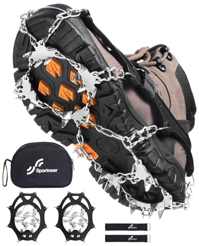 Sportneer Steigeisen Eisstollen Traktion, 28 Spikes Edelstahl Anti-Rutsch EIS Schnee Grips für Schuhe Stiefel, Sicherer Schutz für Gehen, Joggen, Angeln, Wandern