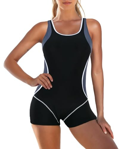 JiaYouLC Womens Swimming Costumes with Shorts Backless Sport One Piece Swimsuits Conservatism Swimming Suits with Removable Foam Cups (UK, Numeric, 10, 12, Regular, Regular, Black-C)
