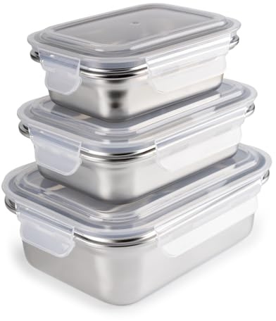 PracticDomus Juego de Recipientes en Acero Inoxidable con Tapa Hermética Aptos Microondas, Horno, Airfryer y Nevera (3X Keepklin)