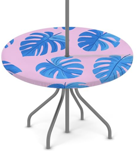 Myfsucce Mantel exterior impermeable con agujero para paraguas, cremallera, hojas azules de Monstera rosa, mantel elástico para jardín con agujero para sombrilla para mesa redonda de patio de 45 a 56