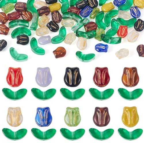 Cheriswelry 100Pcs Tulip Flower Glass Beads with Crystal Leaf Beads Handmade Tulip Floral Glass Spacer Bead for DIY Crafts Jewelry Making Bracelet Necklace