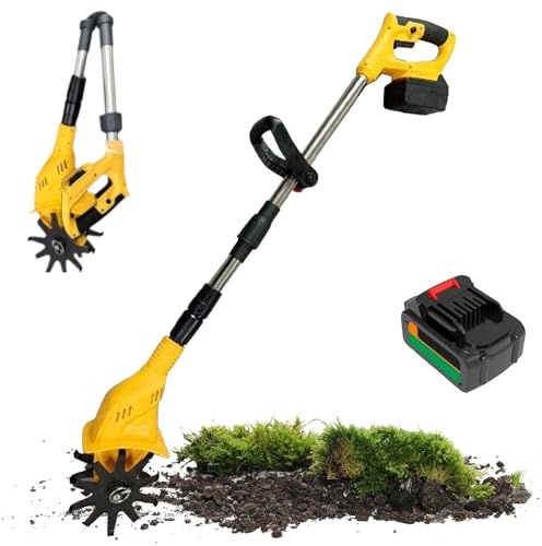 Motobineuse Électrique Sans Fil 1380 W, Retourneur de Sol Pliable avec Poignée Réglable, Profondeur de Travail de 25 Cm, Largeur de 10 Cm, 4 Lames en Acier Au Manganèse, Yellow (1 unit, 5 batteries)