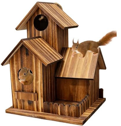 Eichhörnchen-Futterstation, Holz-Fütterhaus mit DREI-Kammer-Design und Flexibler Dachklappe, für Bäume, Garten, Terrasse, Balkon, Für Garten, Terrasse, Balkon, Hof, Zuhause