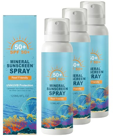 Mineraliskt solskyddsspray SPF 50+, zinkoxid, bredband UVA/UVB-skydd, reffvänlig, lätt och vattenavvisande, 120 ml (3 stycken)