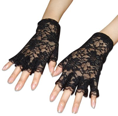 TRIXES Schwarze kurze fingerlose Spitzenhandschuhe – Gothic-Punk-Rocker-Kostüm – Karneval-Halloween-Modeaccessoires