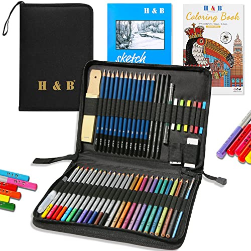 H & B Buntstifte und Skizzenstifte Set mit organisierter Federmappe, Buntstifte, Zeichenstifte, 51-teilig, Set für Malbücher