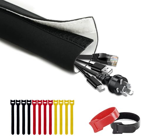 Cable Management Sleeves (12 Pack Straps Included) Neoprene Cord Organizer for TV USB PC Computer Network Wires (120 inches) DIY by Yourself, Adjustable Black and White Reversible Wire Hider