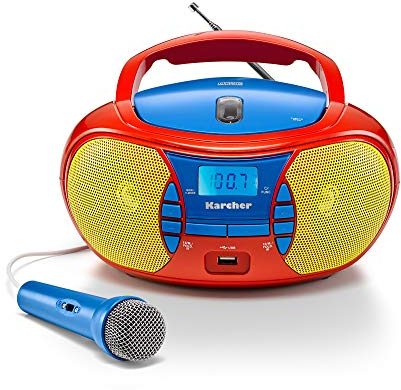 Karcher RR 5026 tragbares CD Radio - bunte Kinder-Boombox mit CD-Player, UKW Radio, USB & Mikrofon - Batterie/Netzbetrieb