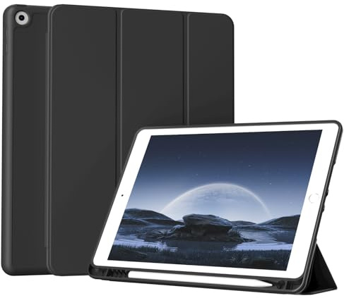 ZOYU Hülle für iPad 9. / 8. / 7. Generation 10,2 Zoll 2021/2020/2019 mit Stifthalter, Auto Schlafen/Wachen, Ultradünne Schutzhülle aus TPU mit Standfunktion für iPad 9/8/7, Schwarz