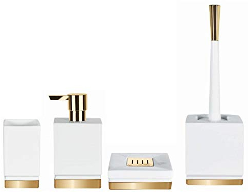 Spirella - Set di 4 accessori da bagno in porcellana Roma, dispenser per sapone liquido, scopino per WC, portasapone, contenitore e bicchiere per spazzolino da denti bianco/oro