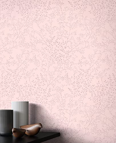 Newroom Vliestapete Rosa Blumen Floral Landhaus Tapete Schlafzimmer | filigrane Zweige mit kleinen Blättern und Knospen, matt, feine Textilstruktur, Mustertapete, Wandtapete, Wohnzimmer