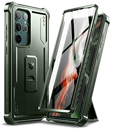 Dexnor Kompatibel mit Hülle Samsung Galaxy S22 Ultra 5G mit integrierter Displayschutzfolie Militär-Grad 360 Full Body Shockproof Bumper Protection Cover with Stand - grün