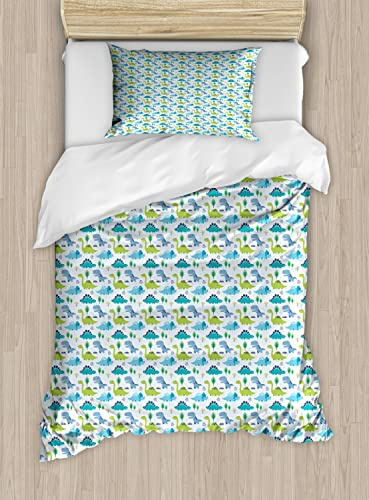 Ambesonne Dinos Duvet Cover Sets, Jurassic Pattern with Cartton Dinosaurs in Modern Scandi Style Funny Print, Bedding Set with 2 Duvet Covers & 2 Pillowcases, 2 Pack Queen Size, Multicolor Lime Green
