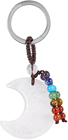 Nupuyai Mond Kristall Schlüsselanhänger Chakra Perlen Mondsichel Anhänger | Edelstein Mond Schlüsselanhänger, Heilstein Glücksbringer, Mondsichel Talisman, Taschenanhänger