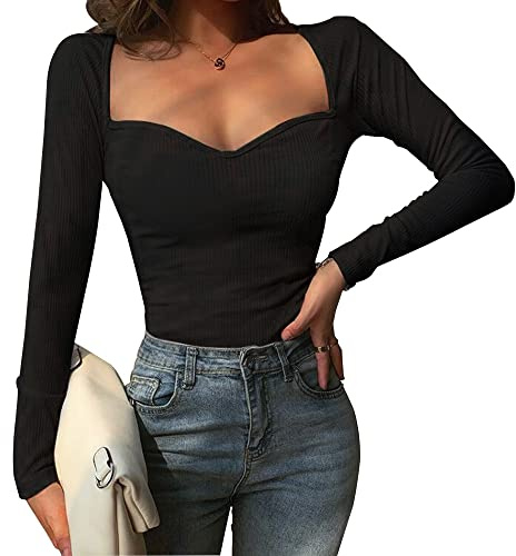 TOEECY Camiseta de Manga Larga para Mujer Sexy Cuello Cuadrado Acanalada Top Basica elástica Jersey de Punto Casual Adelgazantes Pullover Suéter Moda Color Sólido Camisa de Fondo (Negro)